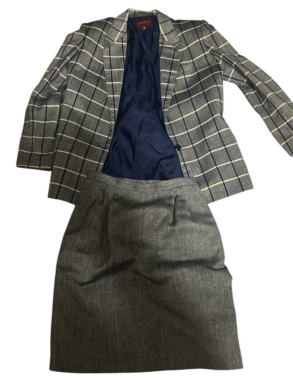 Vintage  SASSON  Gray Windowpane Rayon Blend Blazer & Skirt Set - Gray